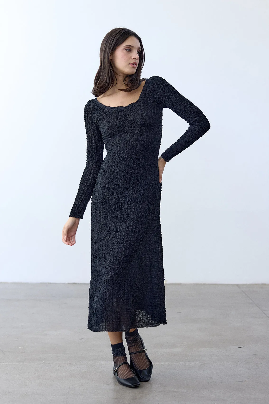 Crinkle Texture Long-Sleeve Dress Silk - Ónix
