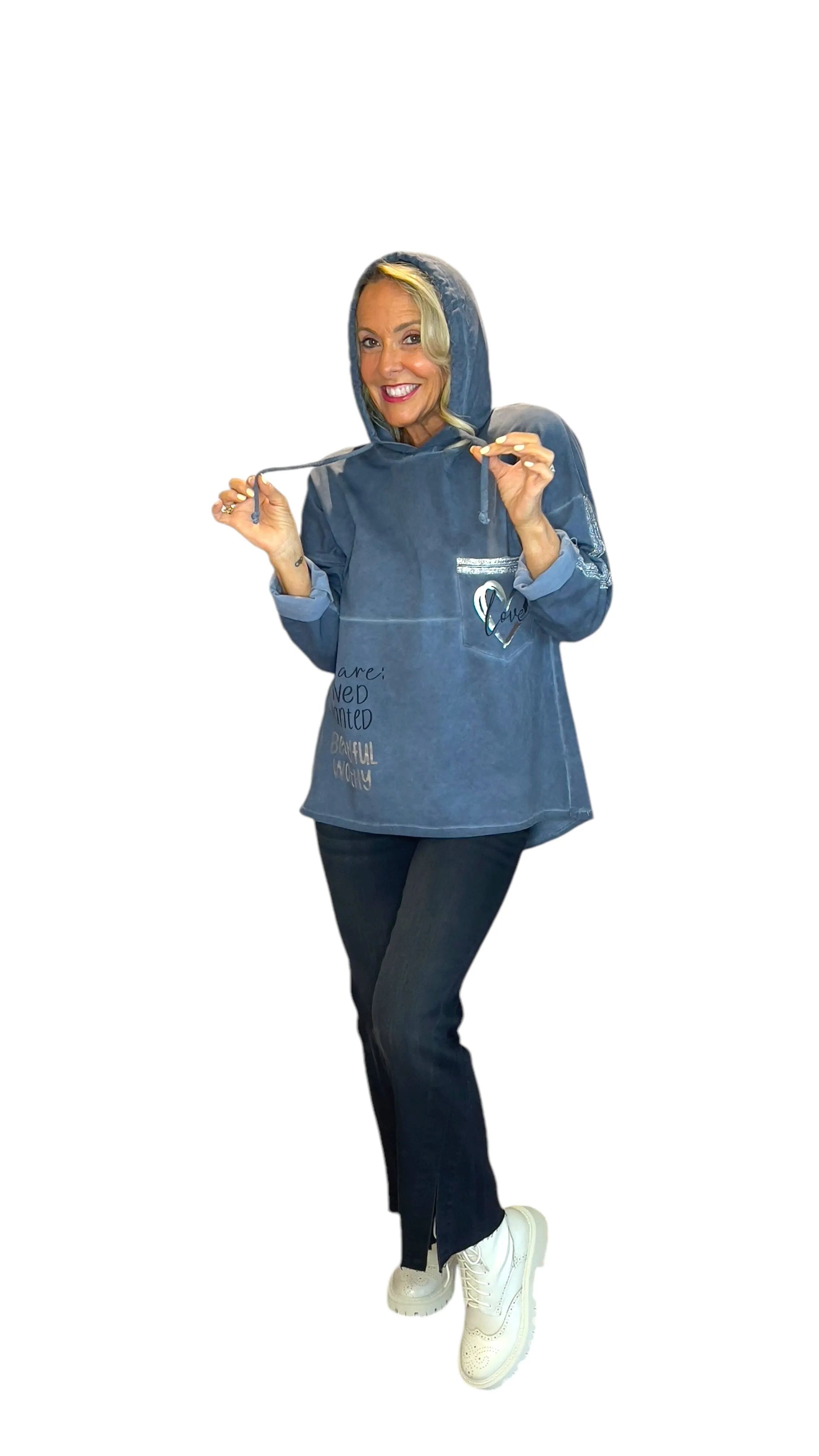 DENIM BLUE SILVER HEART BEAUTIFIUL COTTON HOODY