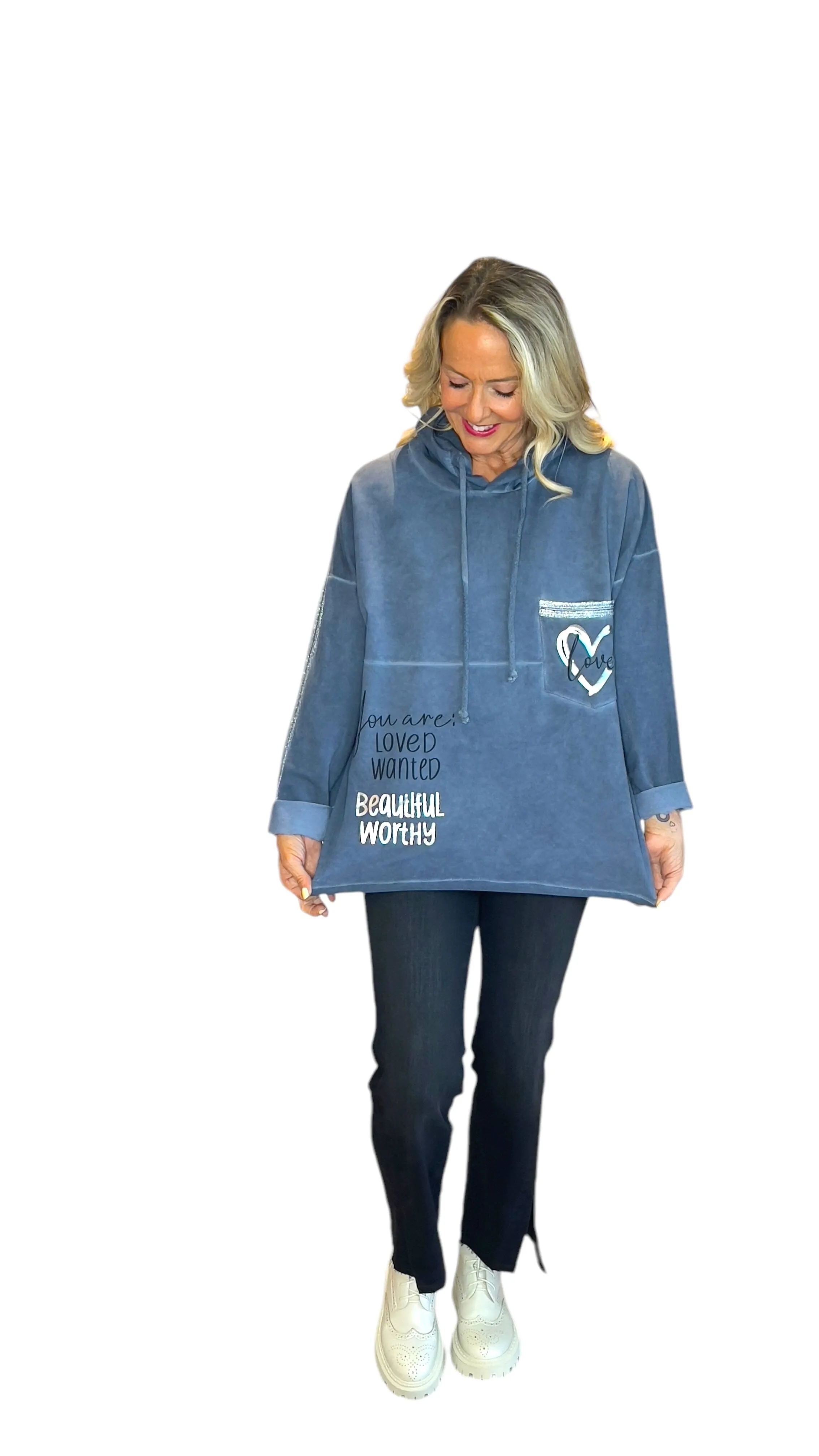 DENIM BLUE SILVER HEART BEAUTIFIUL COTTON HOODY