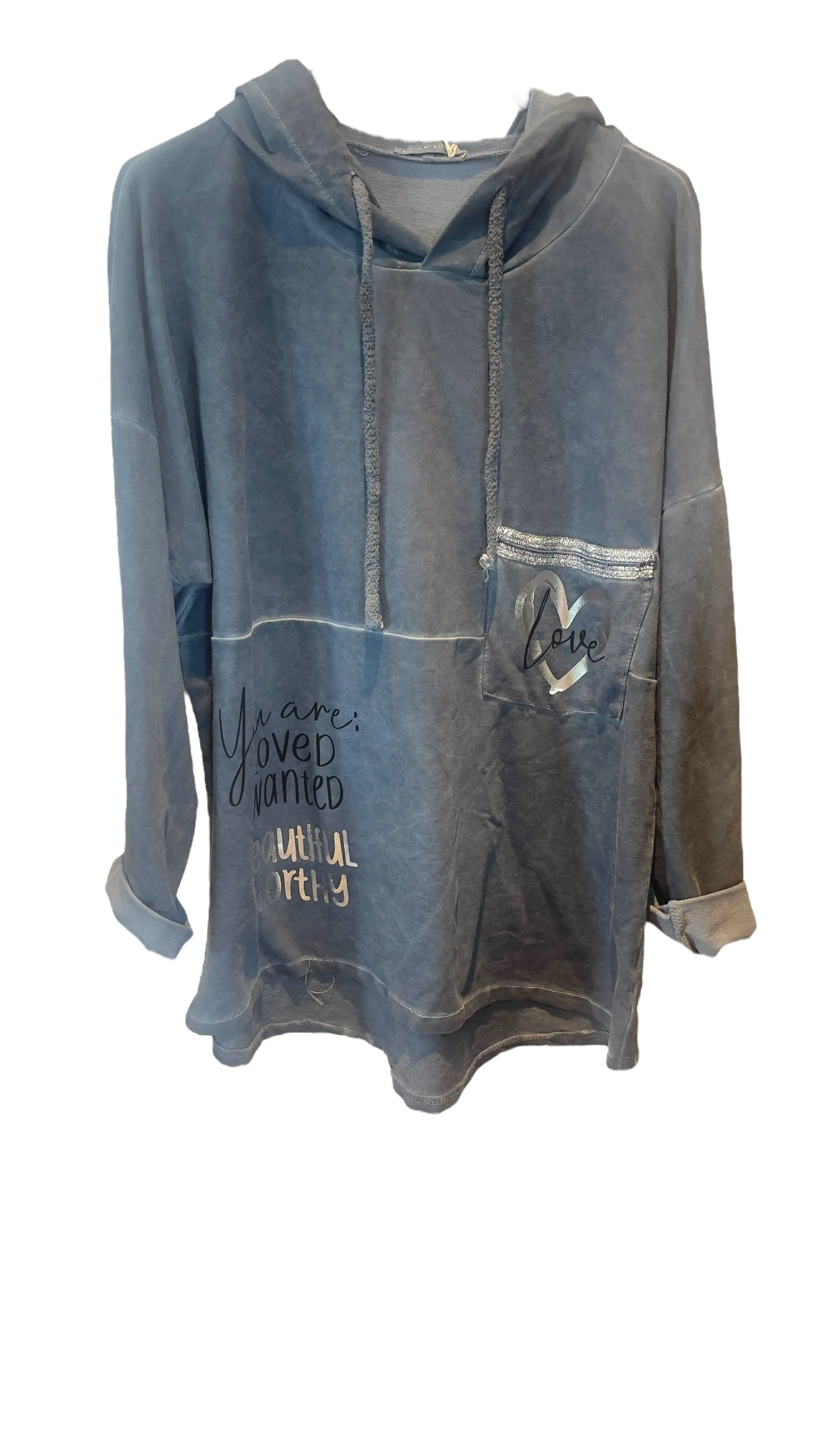 DENIM BLUE SILVER HEART BEAUTIFIUL COTTON HOODY