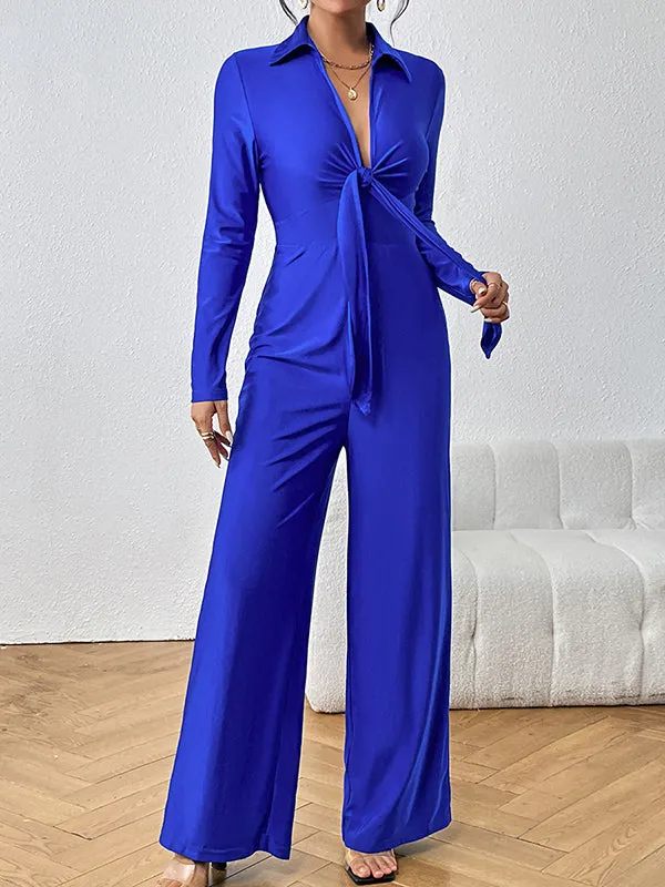 High Waisted Wide Leg Elasticity Knot Solid Color Deep V-Neck Jumpsuits